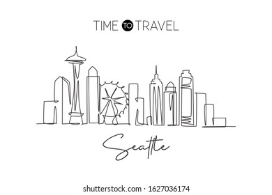 One continuous line drawing of Seattle city skyline, United States. Beautiful landmark. World landscape tourism and travel vacation. Editable stylish stroke single line draw design vector illustration