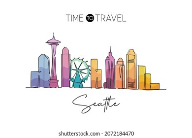 One continuous line drawing of Seattle city skyline, United States. Beautiful landmark. World landscape tourism and travel vacation. Editable stylish stroke single line draw design vector illustration