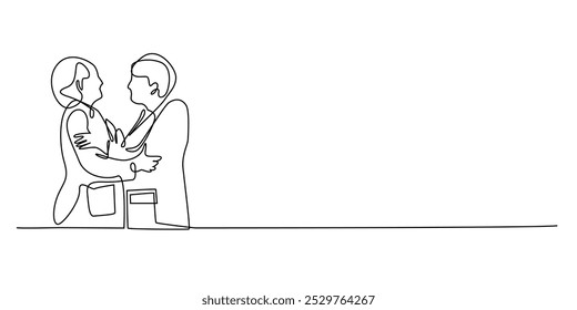 one continuous line drawing of a senior woman meeting an old friend. one line drawing of meeting misses, reunion events, hugging each other, asking for news. single line vector illustration.