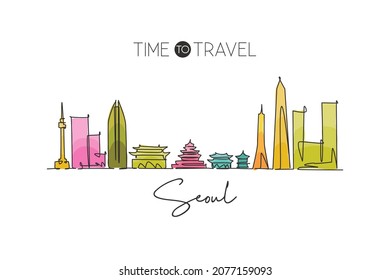 One continuous line drawing of Seoul city skyline, South Korea. Beautiful landmark home decor poster print. World landscape tourism travel vacation. Stylish single line draw design vector illustration