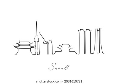 One continuous line drawing of Seoul city skyline, South Korea. Beautiful landmark home decor poster print. World landscape tourism travel vacation. Stylish single line draw design vector illustration