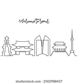 One continuous line drawing of Seoul skyline vector illustration. Modern city in South Korea in simple linear style vector design concept. Big city in South Korea. Icon architectural skyline building.