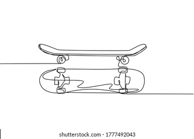 One continuous line drawing of set of old retro skateboard, side and top view. Hipster extreme classic sport concept single line graphic draw design vector illustration