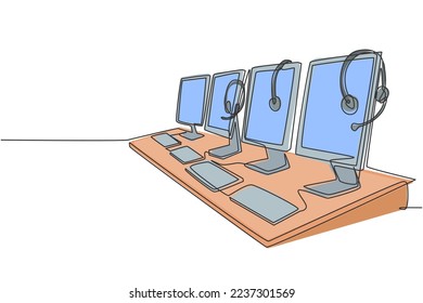 One continuous line drawing of set of customer service equipment, computer, headphone, monitor, keyboard and mouse. Call center service excellent concept single line draw design vector illustration