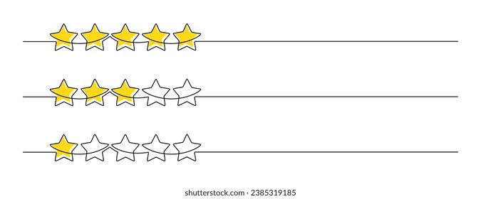 One continuous line drawing set of stars. Rating service, high quality review and customer feedback in a simple linear style. Christmas border in editable stroke. Doodle vector illustration