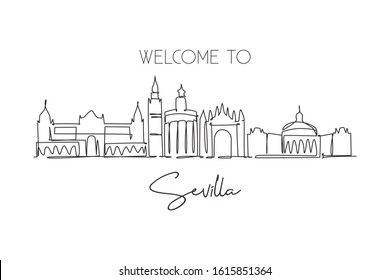 One continuous line drawing of Sevilla city skyline, Spain. Beautiful skyscraper. World landscape tourism travel vacation wall decor poster concept. Stylish single line draw design vector illustration