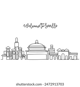 One continuous line drawing of Seville skyline vector illustration. Modern city in Europe in simple linear style vector design concept. One of big city in Spain. Iconic architectural building design.