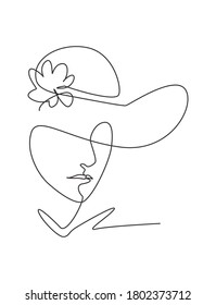 One continuous line drawing sexy beauty woman abstract face wear elegance hat minimalist style. Female fashion concept for t-shirt, tote bag print. Single line draw design graphic vector illustration