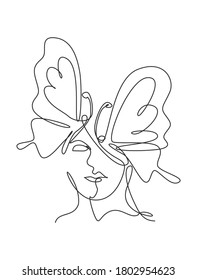 Una línea continua dibujando la cara abstracta de una mujer sexy con el logo de las alas de mariposa. El concepto de estilo minimalista de retrato femenino. Icono cosmético. Ilustración gráfica vectorial de diseño de línea única dinámica