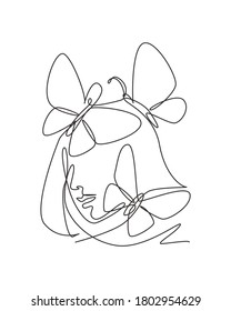Una línea continua dibujando la cara abstracta de una mujer sexy con el logo de las alas de mariposa. El concepto de estilo minimalista de retrato femenino. Icono cosmético. Ilustración gráfica vectorial de diseño de línea única dinámica