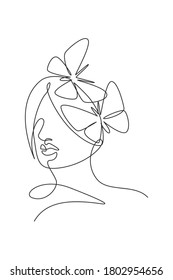 One continuous line drawing sexy woman abstract face with butterfly wings logo. Female portrait minimalist style concept. Cosmetic icon. Dynamic single line draw design graphic vector illustration - Shutterstock ID 1802954656