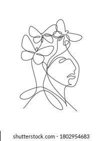 Una línea continua dibujando la cara abstracta de una mujer sexy con el logo de las alas de mariposa. El concepto de estilo minimalista de retrato femenino. Icono cosmético. Ilustración gráfica vectorial de diseño de línea única dinámica