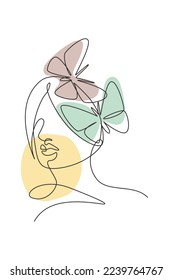 Eine kontinuierliche Linie Zeichnung sexy Frau abstrakte Gesicht mit Schmetterling Flügel Logo. Das minimalistische Konzept des weiblichen Porträts. Kosmetisches Symbol. Dynamische Einzeilengrafik-Grafikgrafik