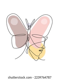 One continuous line drawing sexy woman abstract face with butterfly wings logo. Female portrait minimalist style concept. Cosmetic icon. Dynamic single line draw design graphic vector illustration