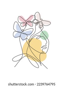 Una línea continua dibujando la cara abstracta de una mujer sexy con el logo de las alas de mariposa. El concepto de estilo minimalista de retrato femenino. Icono cosmético. Ilustración gráfica vectorial de diseño de línea única dinámica