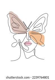 Eine kontinuierliche Linie Zeichnung sexy Frau abstrakte Gesicht mit Schmetterling Flügel Logo. Das minimalistische Konzept des weiblichen Porträts. Kosmetisches Symbol. Dynamische Einzeilenzeichnung, Vektorgrafik-Grafik