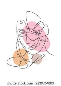One continuous line drawing sexy woman abstract face with butterfly wings logo. Female portrait minimalist style concept. Cosmetic icon. Dynamic single line draw design graphic vector illustration