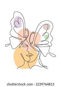 One continuous line drawing sexy woman abstract face with butterfly wings logo. Female portrait minimalist style concept. Cosmetic icon. Dynamic single line draw design vector graphic illustration