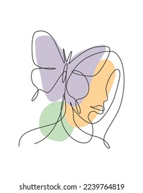 Eine kontinuierliche Linie Zeichnung sexy Frau abstrakte Gesicht mit Schmetterling Flügel Logo. Das minimalistische Konzept des weiblichen Porträts. Kosmetisches Symbol. Dynamische Einzeilengrafik-Grafikgrafik