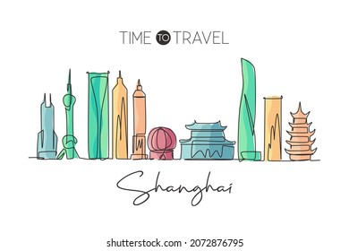 One continuous line drawing Shanghai city skyline China  Beautiful landmark  World landscape tourism   travel vacation  Editable stylish stroke single line draw graphic design vector illustration