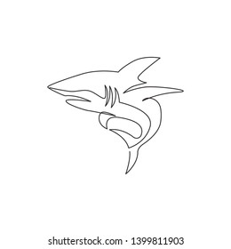 One continuous line drawing of shark sea fish predator for underwater life aquarium logo identity. Wild sea animal concept for nature lovers foundation mascot. Single line draw design illustration