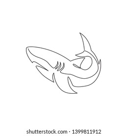 One continuous line drawing of shark sea fish predator for underwater life aquarium logo identity. Wild sea animal concept for nature lovers foundation mascot. Single line draw design illustration