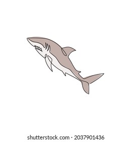 One continuous line drawing of shark sea fish predator for underwater life aquarium logo identity. Wild sea animal concept for nature lovers foundation mascot. Single line draw design illustration