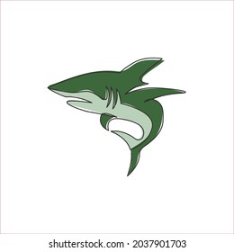 One continuous line drawing of shark sea fish predator for underwater life aquarium logo identity. Wild sea animal concept for nature lovers foundation mascot. Single line draw design illustration