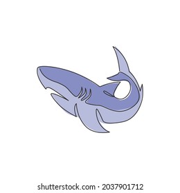 One continuous line drawing of shark sea fish predator for underwater life aquarium logo identity. Wild sea animal concept for nature lovers foundation mascot. Single line draw design illustration