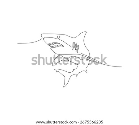 One continuous line drawing of shark. single line of sea creature concept. great white shark fish illustration. editable outline
