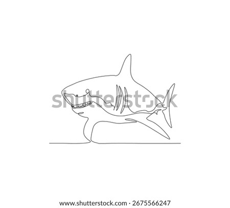 One continuous line drawing of shark. single line of sea creature concept. great white shark fish illustration. editable outline