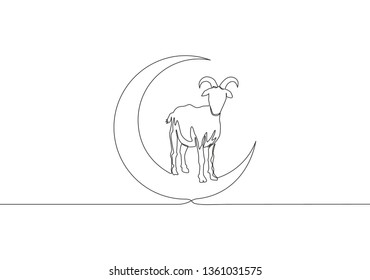 One continuous line drawing of sheep standing on moon. Muslim holiday the sacrifice a sheep, Eid al Adha greeting card concept single line draw design illustration