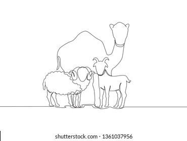 One continuous line drawing of sheep, camel and goat. Muslim holiday the sacrifice an animal to God, Eid al Adha greeting card concept single line draw design illustration