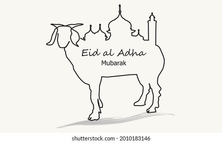 One continuous line drawing of Sheep. Eid adha mubarak greeting card. Vector illustration for the celebration of eid mubarak with line art design.
