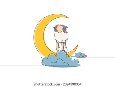 One continuous line drawing of sheep standing on moon at cloudy sky. Muslim holiday the sacrifice an animal to God, Eid ul Adha greeting card concept single line draw design illustration