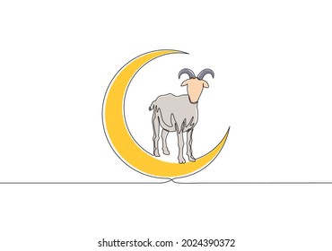 One continuous line drawing of sheep standing on moon. Muslim holiday the sacrifice a sheep, Eid al Adha greeting card concept single line draw design illustration