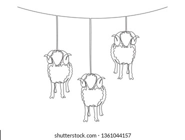 One continuous line drawing of sheeps hanging on rope like the lantern lamps. Muslim holiday the sacrifice an animal, Eid al Adha greeting card concept single line draw design illustration