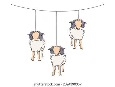 One continuous line drawing of sheeps hanging on rope like the lantern lamps. Muslim holiday the sacrifice an animal, Eid al Adha greeting card concept single line draw design illustration