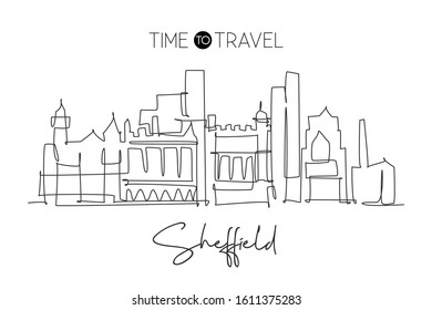 One continuous line drawing of Sheffield city skyline. Beautiful city skyscraper. World landscape tourism travel vacation wall decor poster concept. Trendy single line draw design vector illustration
