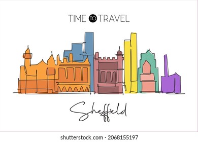 One continuous line drawing of Sheffield city skyline. Beautiful city skyscraper. World landscape tourism travel vacation wall decor poster concept. Trendy single line draw design vector illustration