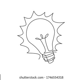 One continuous line drawing of shining glass lightbulb icon logo emblem. Power innovation symbol logotype template concept. Modern single line draw design graphic illustration