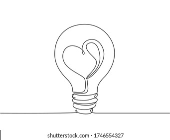 One continuous line drawing of shining lightbulb with power love icon logo emblem. Creative attraction symbol logotype template concept. Modern single line draw design graphic illustration