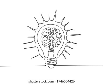 One continuous line drawing of shining lightbulb with human brain organ inside icon logo emblem. Food supplement symbol logotype template concept. Modern single line draw design graphic illustration