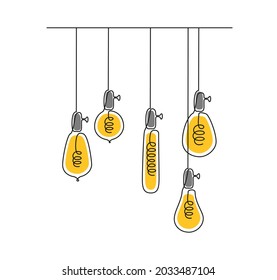 Un plano continuo de líneas de bombillas brillantes. Lámparas de luz eléctrica colgantes con bombillas de Edison en forma de doodle. Ilustración del vector