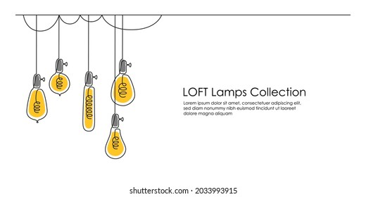 Un plano continuo de líneas de bombillas brillantes. Lámparas Electric Loft colgantes modernas con bombillas en forma de doodle. Ilustración del vector