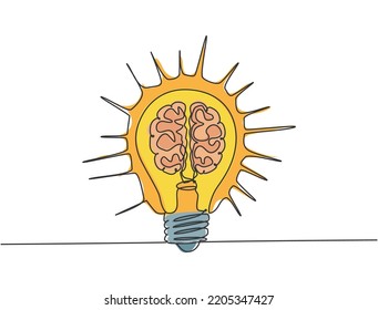 One Continuous Line Drawing Of Shining Lightbulb With Human Brain Organ Inside Icon Logo Emblem. Food Supplement Symbol Logotype Template Concept. Modern Single Line Draw Design Graphic Illustration