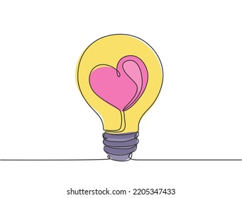 One continuous line drawing of shining lightbulb with power love icon logo emblem. Creative attraction symbol logotype template concept. Modern single line draw design graphic illustration