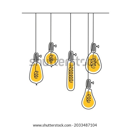 One continuous line drawing of shining lightbulbs. Hanging pendant Electric Loft lamps with Edison bulbs in doodle style. Vector illustration