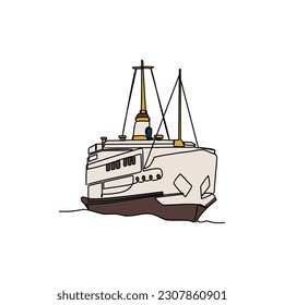 One continuous line drawing of ship on the sea. Sea vehicle in simple linear style. Transportation design concept vector illustration
