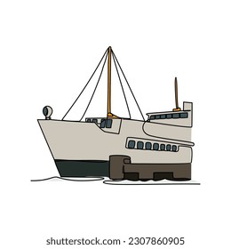 One continuous line drawing of ship on the sea. Sea vehicle in simple linear style. Transportation design concept vector illustration
